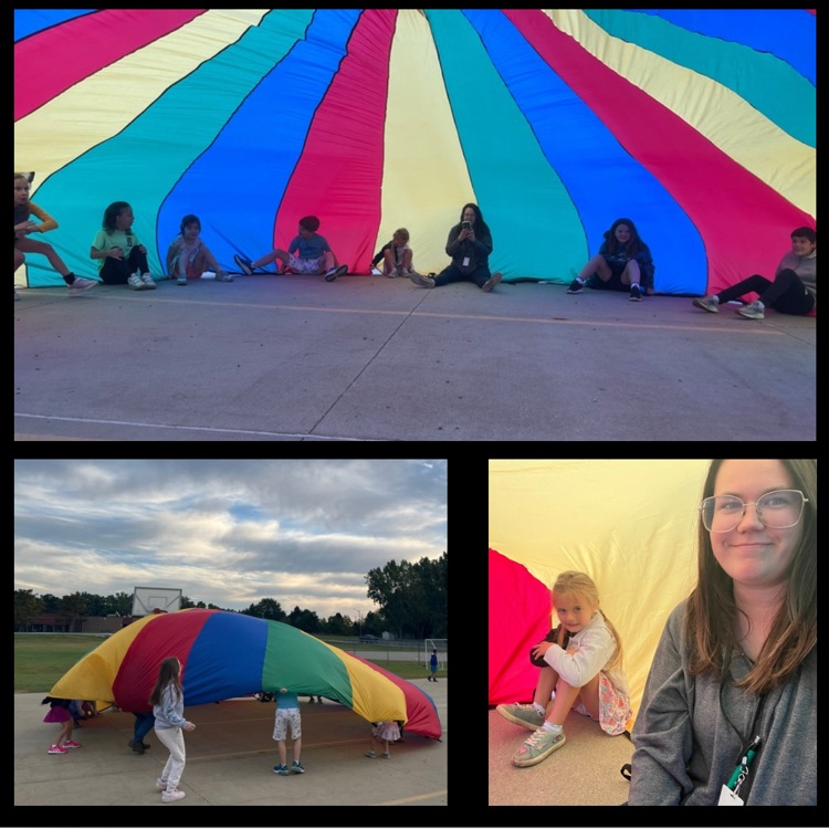 collage of pics of kids playing with a parachute
