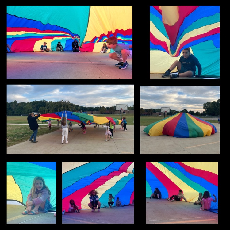 collage of pics of kids playing with a parachute