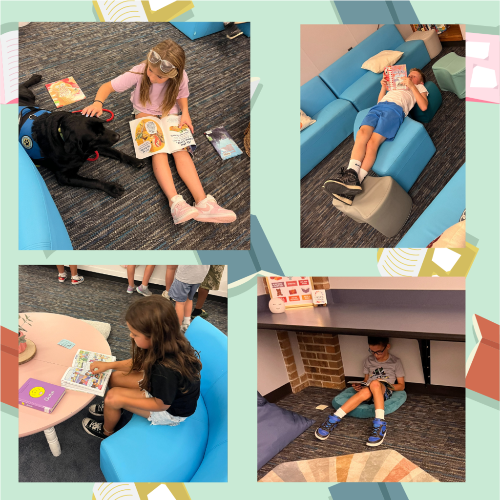 collage of pictures of kids in a library