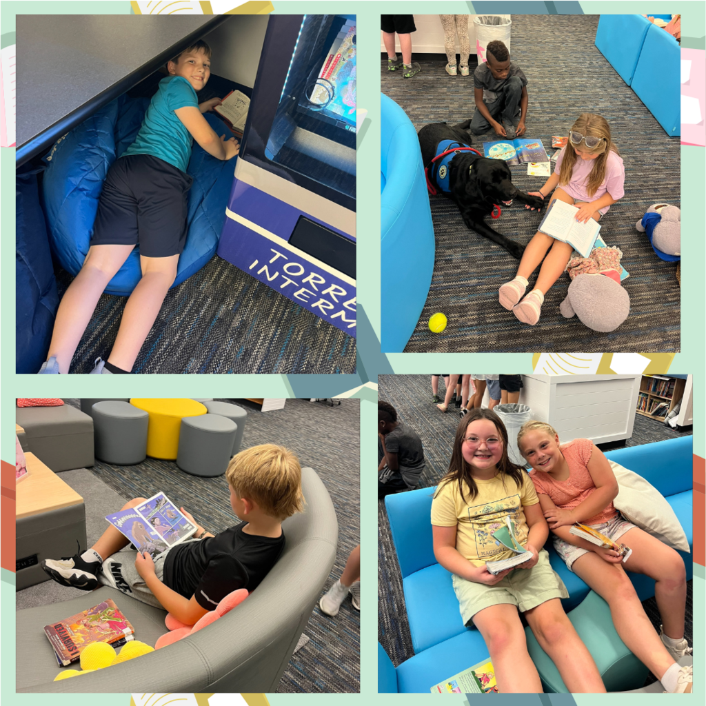 collage of pictures of kids in a library