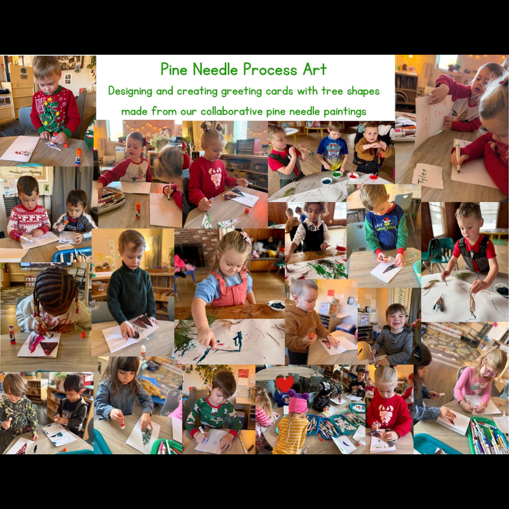 collage of pictures of children making pine needle art