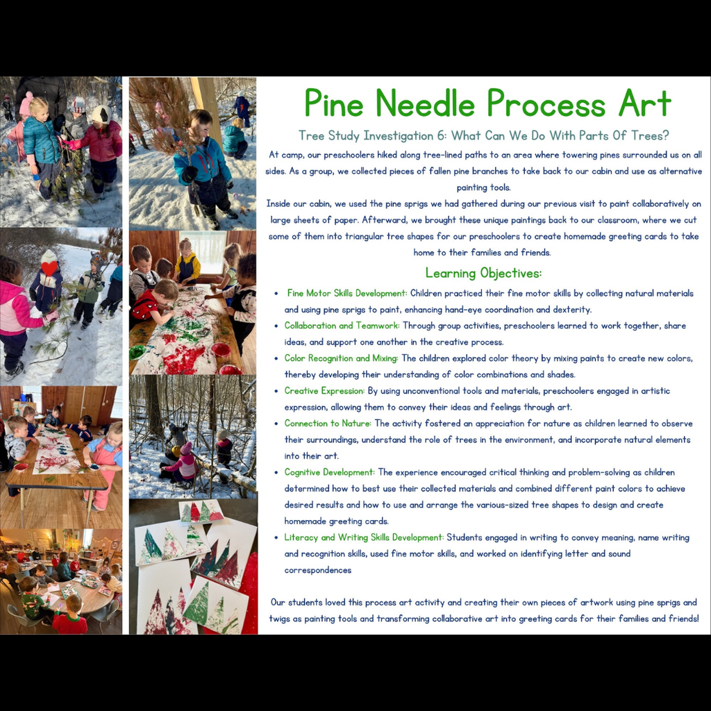 collage of pictures of children making pine needle art