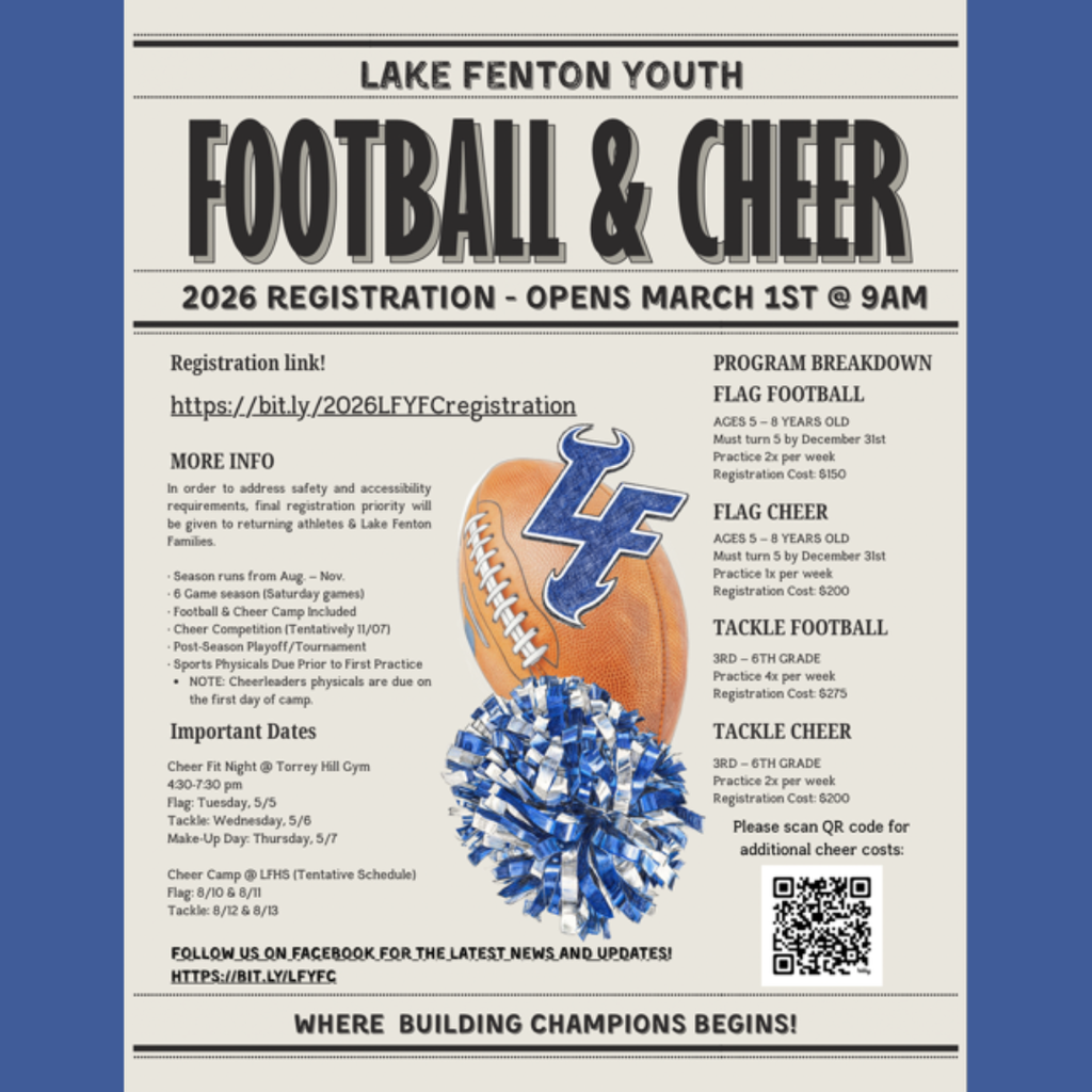 lake fenton youth football and cheer registration opens march 1 at 9 am.