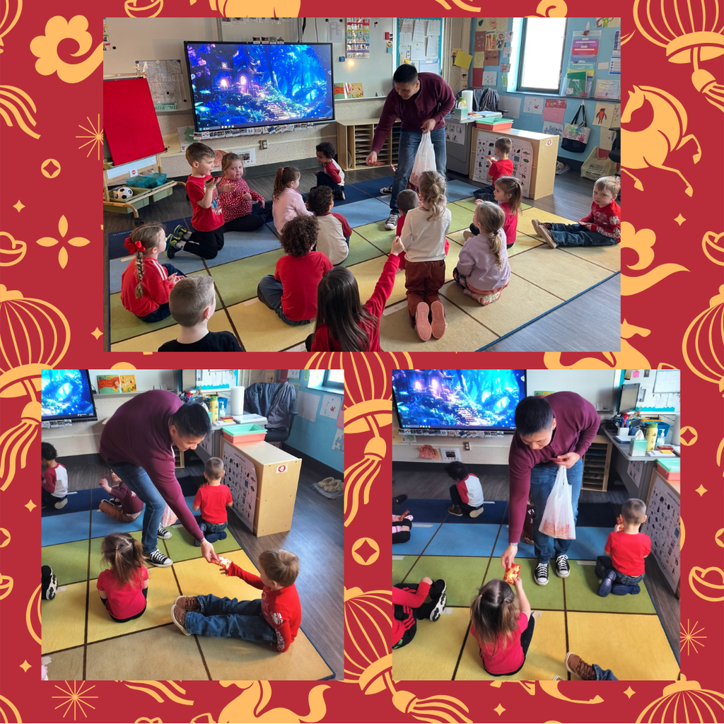 man passing out red enveloped to preschool students