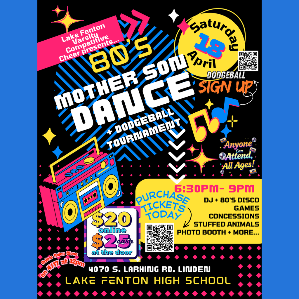 '80's themed mother son dance and dodgeball tournament april 18 from 5:30-9