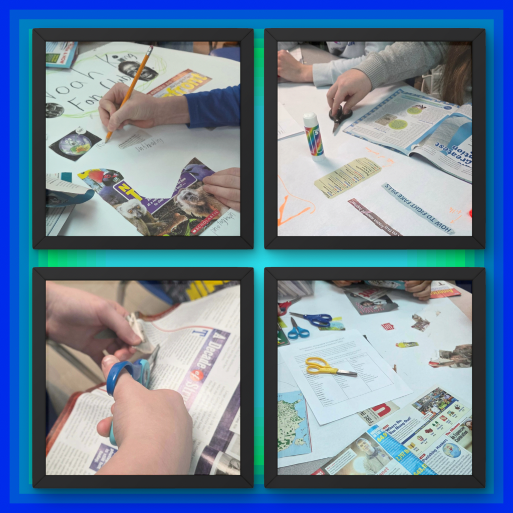 pictures of students cutting text out of magazines and putting them on poster board