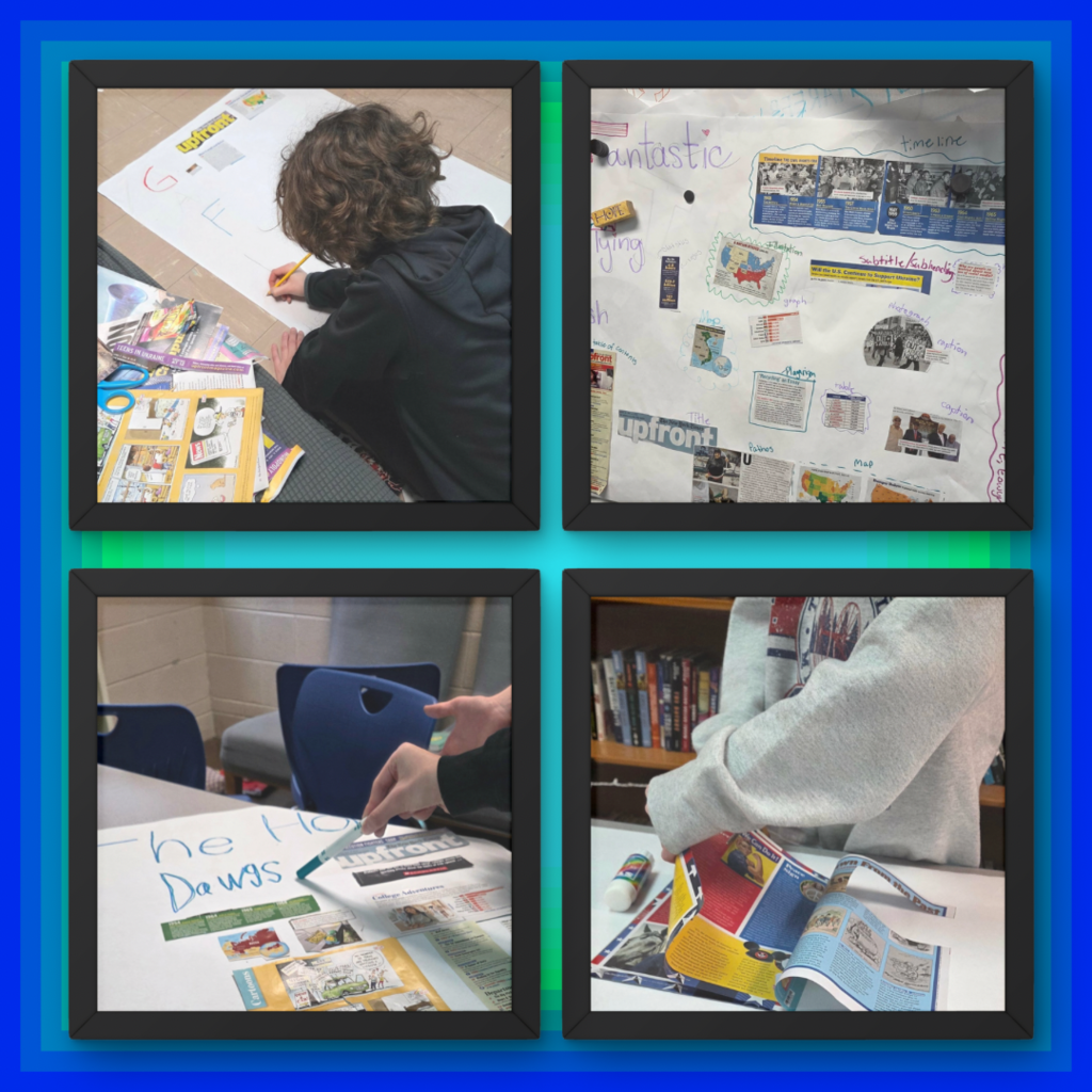 pictures of students cutting text out of magazines and putting them on poster board