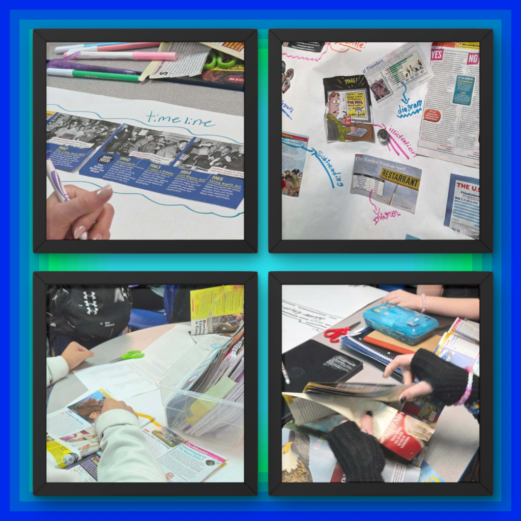 pictures of students cutting text out of magazines and putting them on poster board