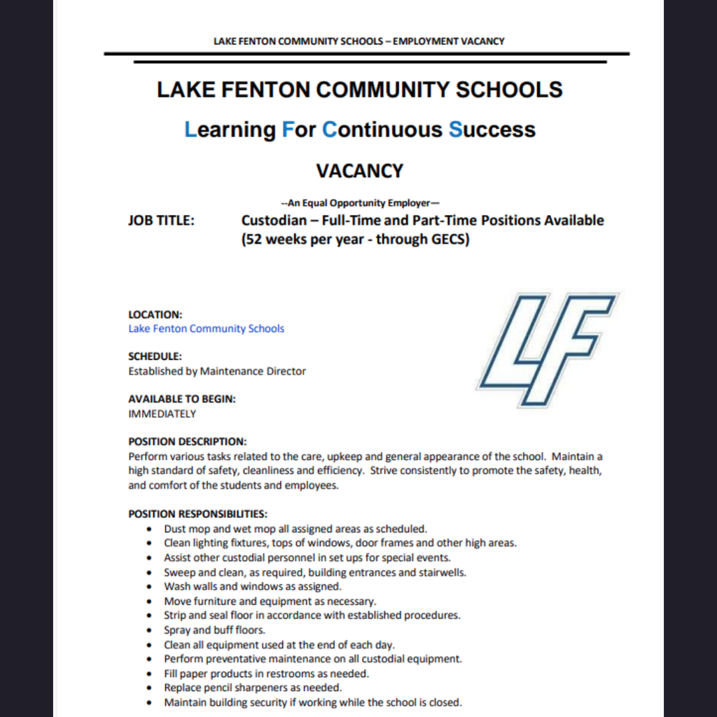 job posting for full and part time custodians