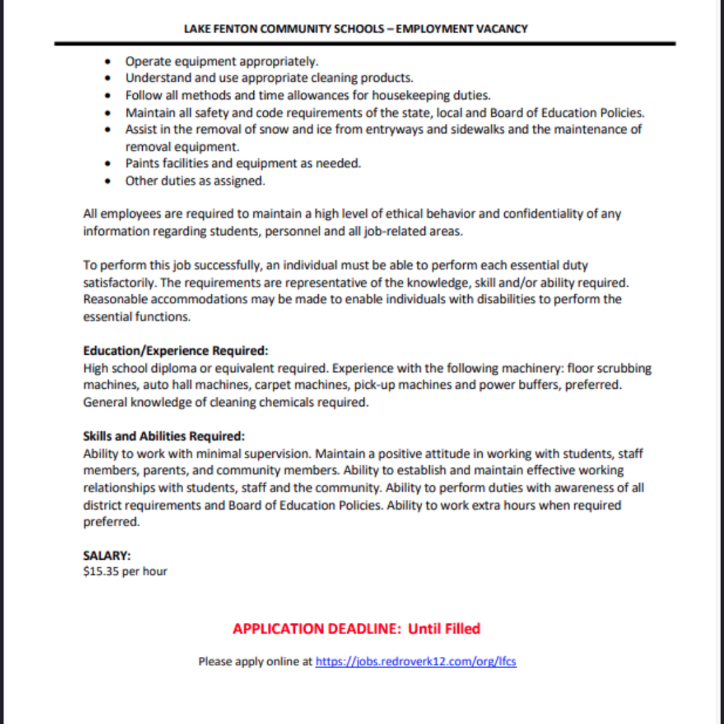 job posting for full and part time custodians