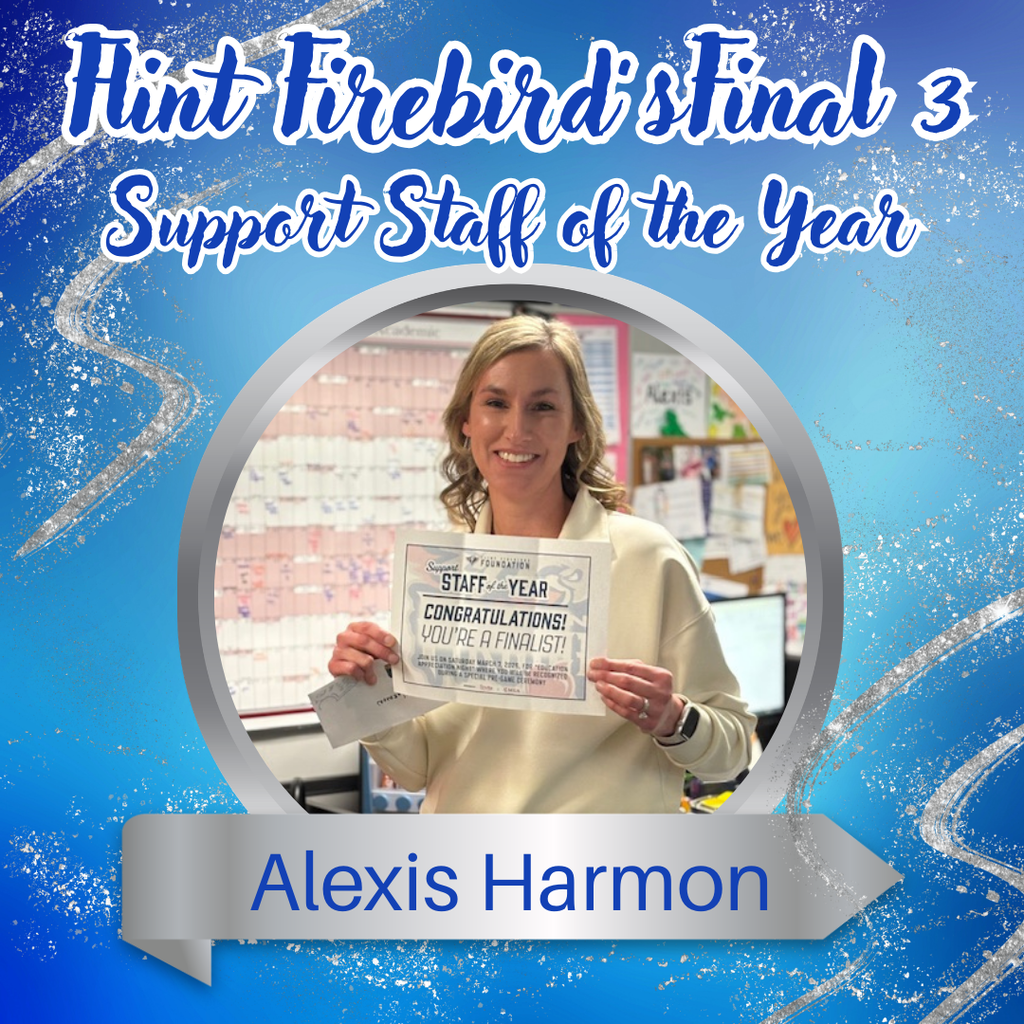 picture of Alexis Harmon holding a certificate for flint firebird's final 3 support staff of the year