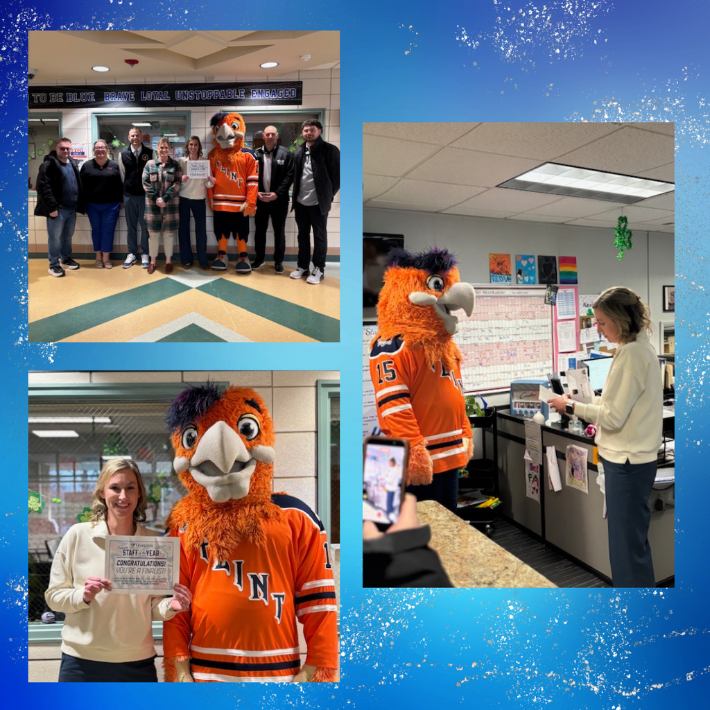 collage of pictures of woman receiving a certificate and posing with someone in a flint firebirds costume and with a group of people.