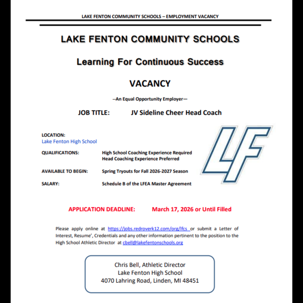 job posting for a JV Sideline Cheer Head Coach at LFHS