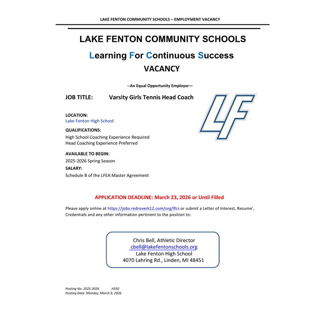 varsity girls tennis head coach job opening for LFHS