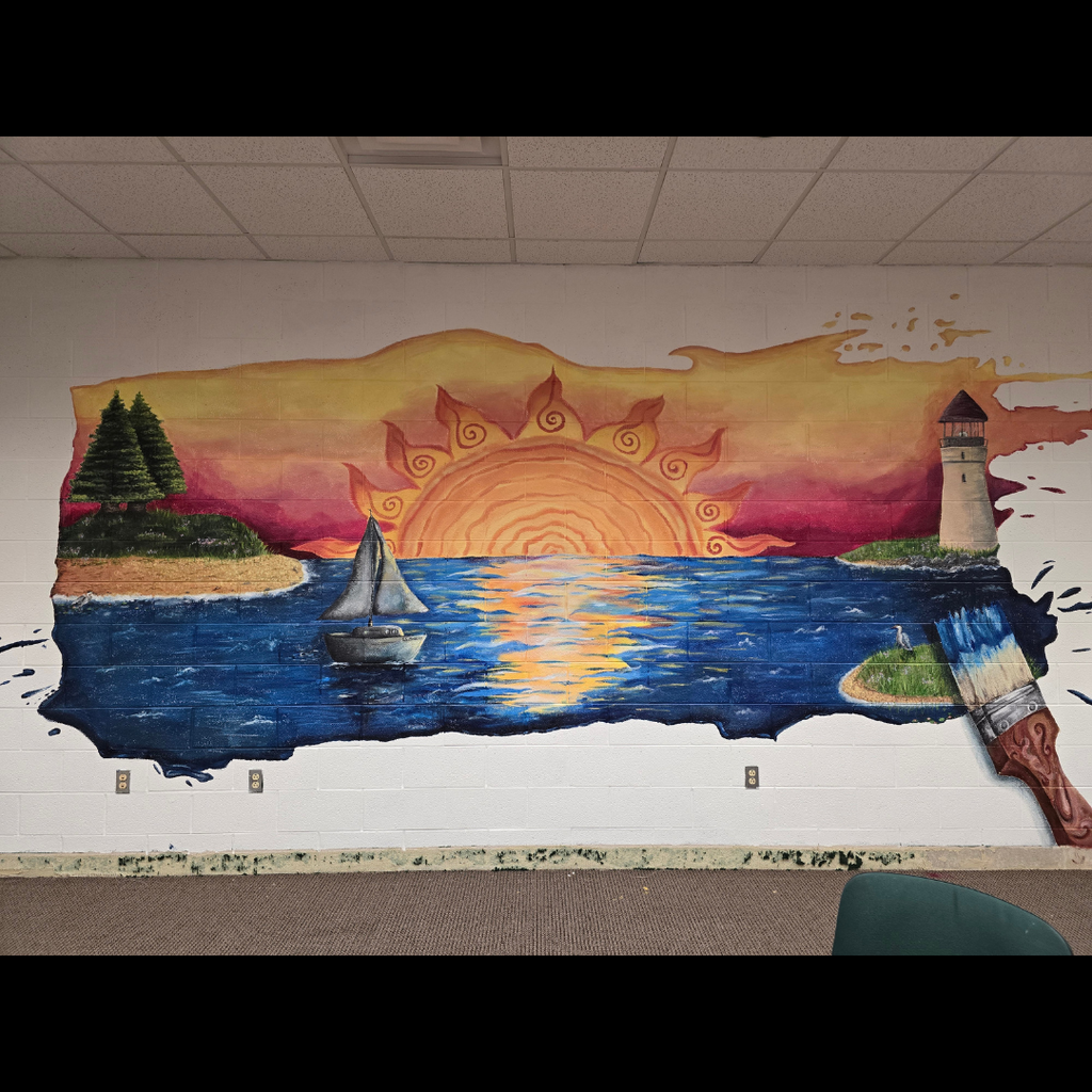mural of a sunset on a lake with boats