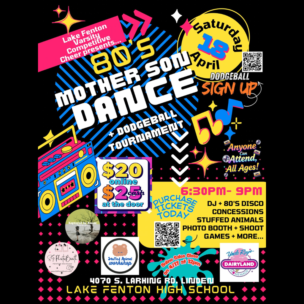 '80's themed mother son dance and dodgeball tournament april 18 from 5:30-9