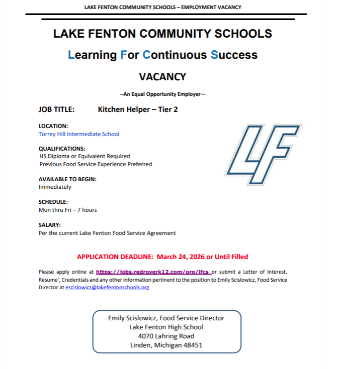 job opening for a kitchen helper at Torrey Hill