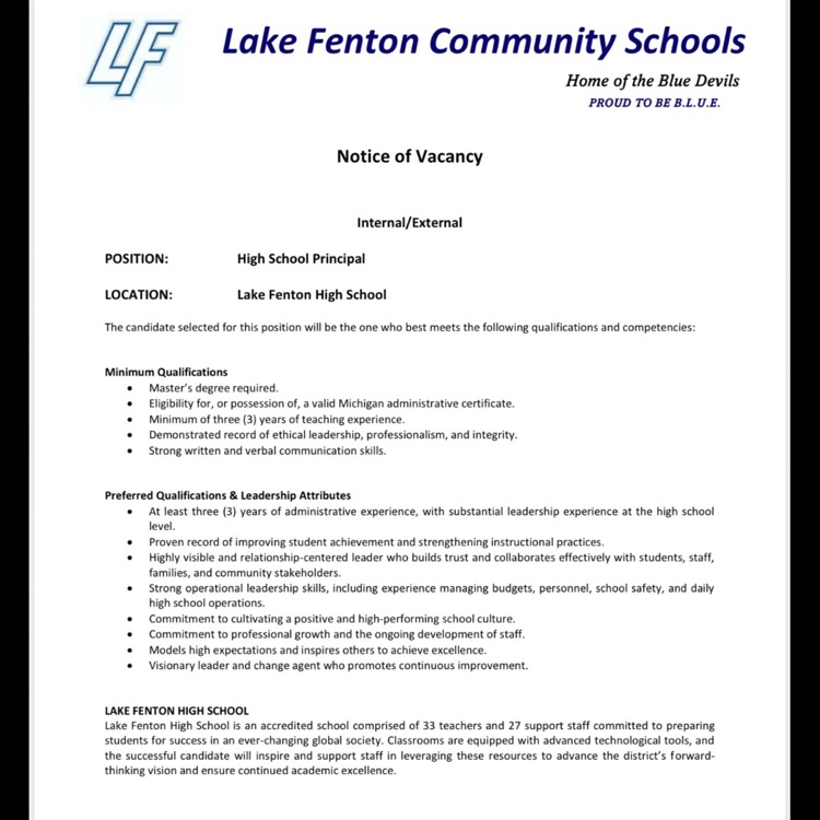 job posting for lake Fenton high school principal page 1