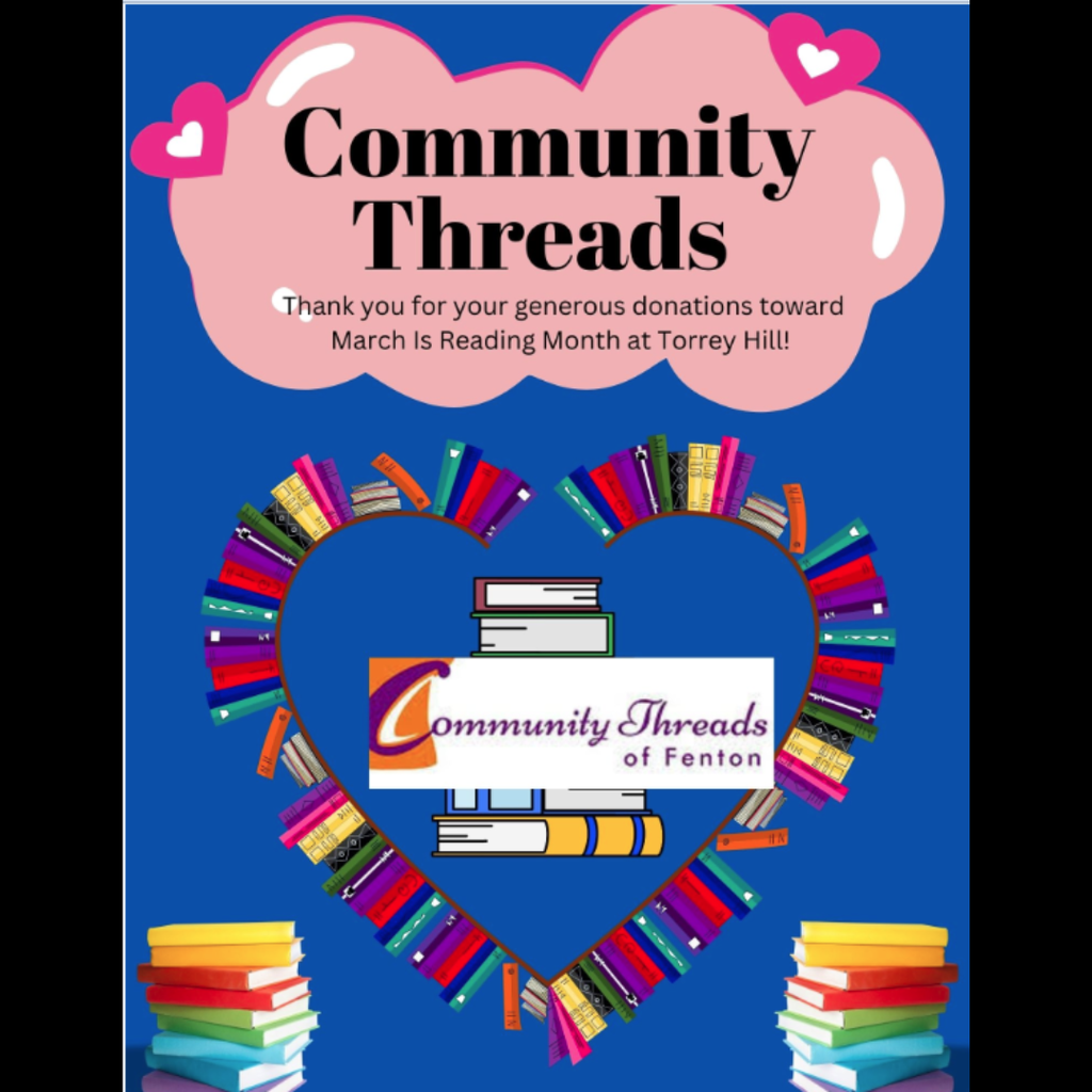 Thank you to community threads for donations toward March is Reading Month at Torrey Hill