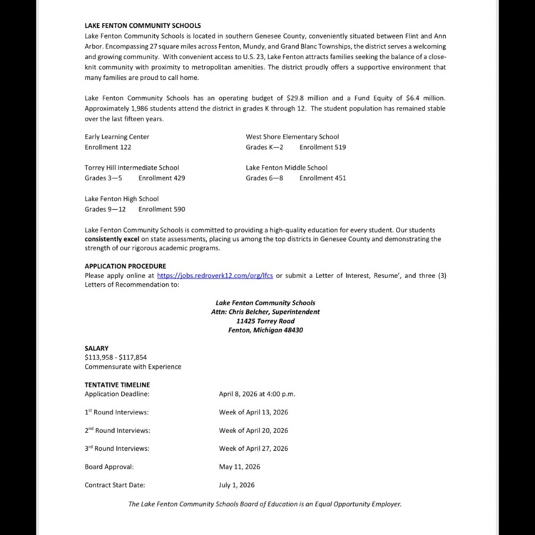 job posting for principal for lake fenton high school