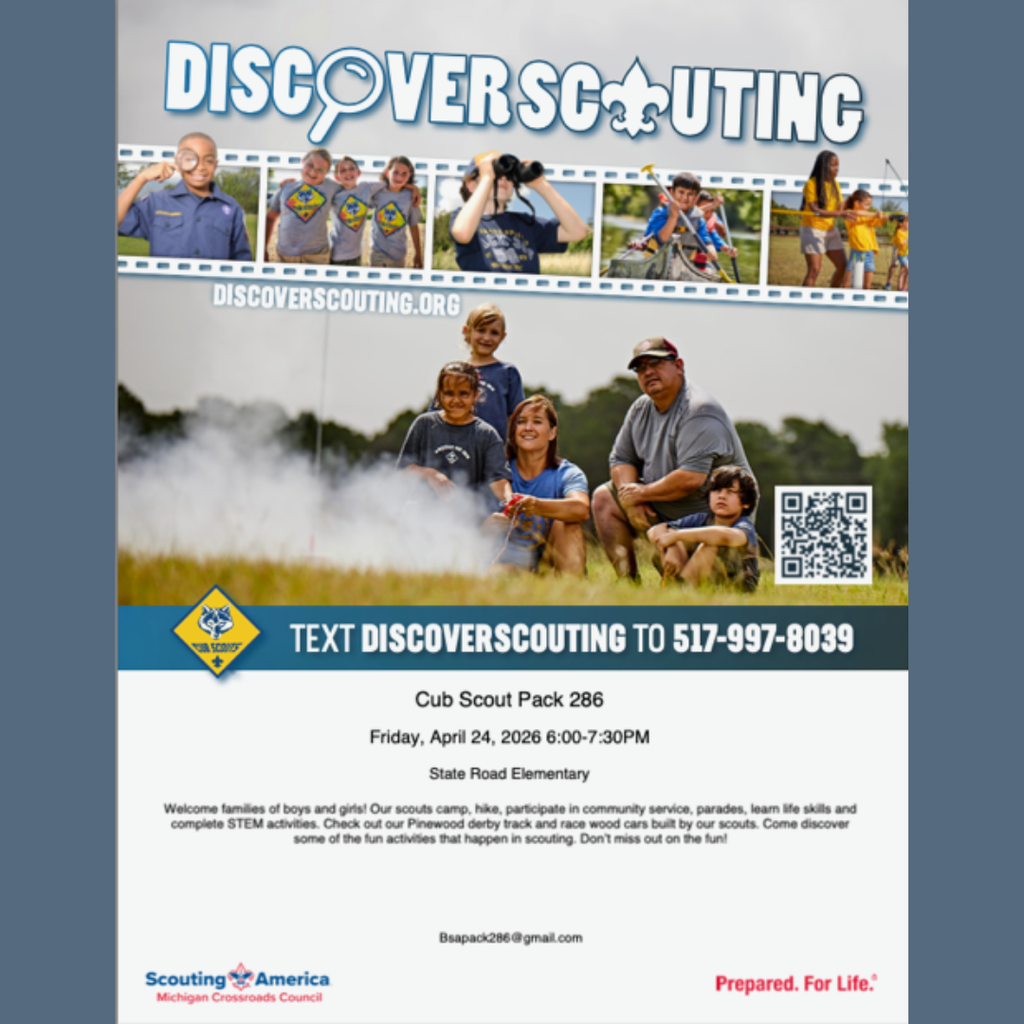 cub scout meeting flyer- April 24 from 6-7:30 at State Road Elementary