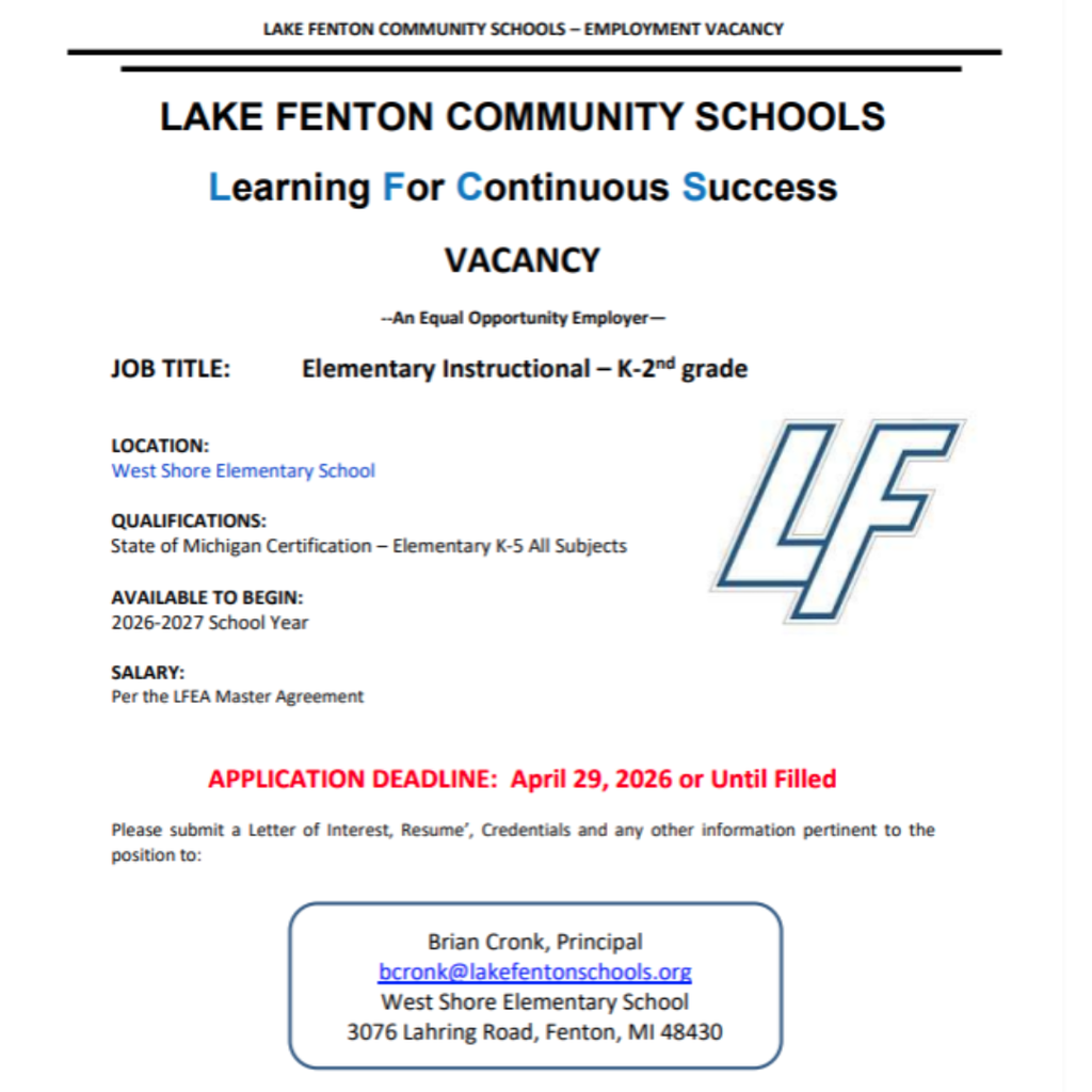 job posting for a k-2 teacher at west shore elementary