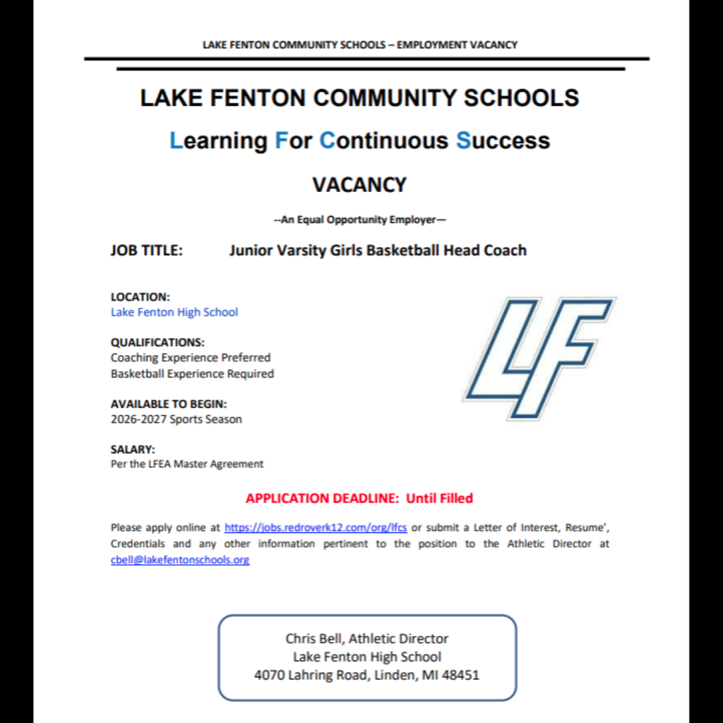 Junior varsity girls basket ball head coach and freshman boys basket ball head coach job postings for lake Fenton High School