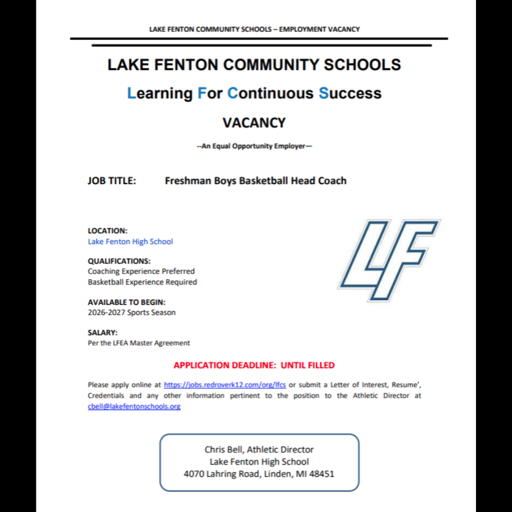  freshman boys basket ball head coach job postings for lake Fenton High School