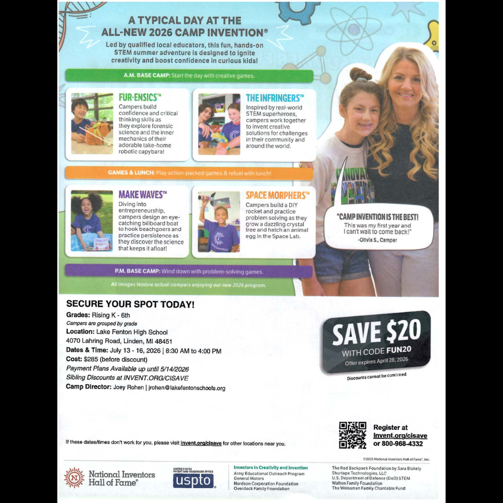 camp invention flyer- lake fenton high school- STEM camp July 13–16, 2026 | 8:30 AM–4:00 PM Open to students entering K–6