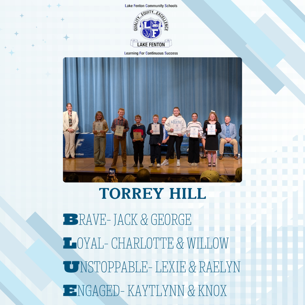 Torrey Hill BLUE Awards photo of kids lined up on stage- Brave- jack & george Loyal- charlotte & willow unstoppable- lexie & raelyn engaged- kaytlynn & knox
