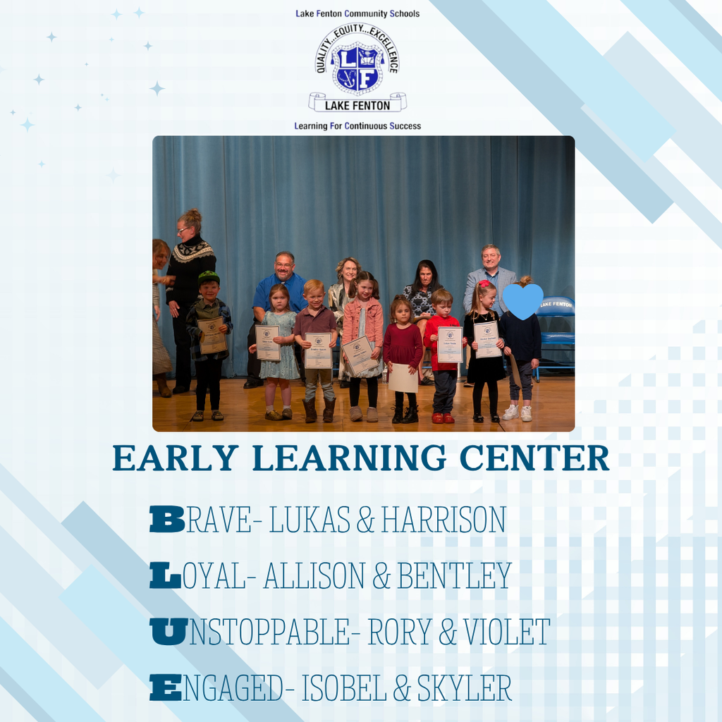Early Learning Center BLUE Awards photo of kids lined up on stage- Brave- Lukas & Harrison Loyal- allison & bentley unstoppable- rory & violet engaged- isobel & skyler