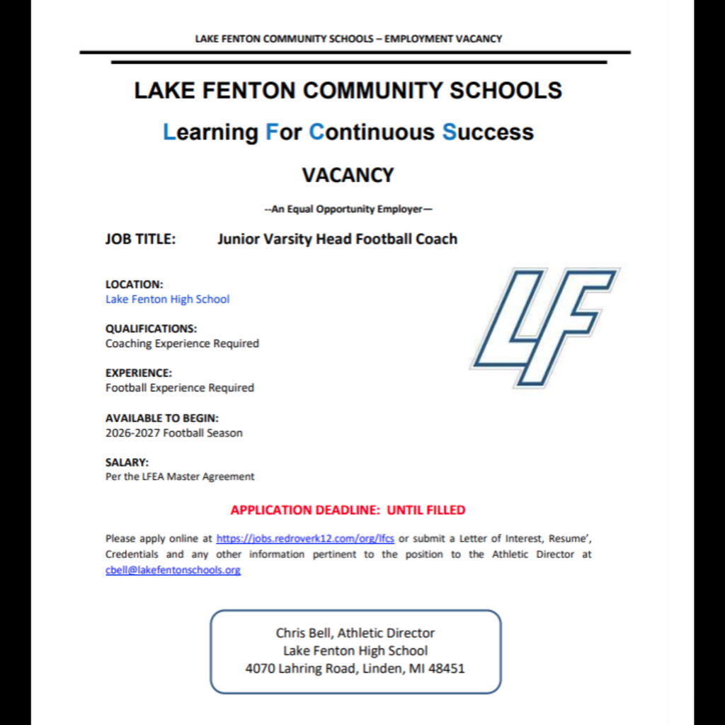 junior varsity head football coach job posting for lake fenton high school