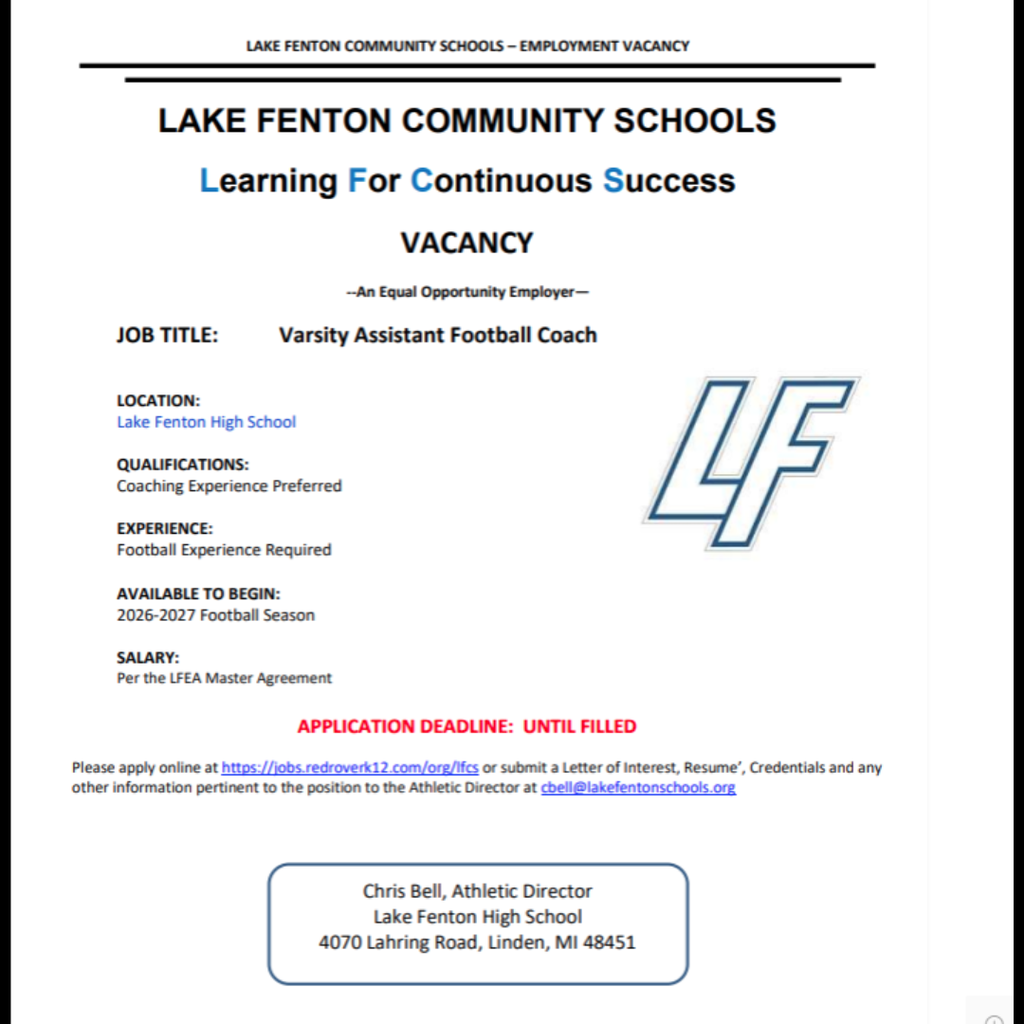 Varsity Assistant Football Coach job posting for Lake Fenton High School