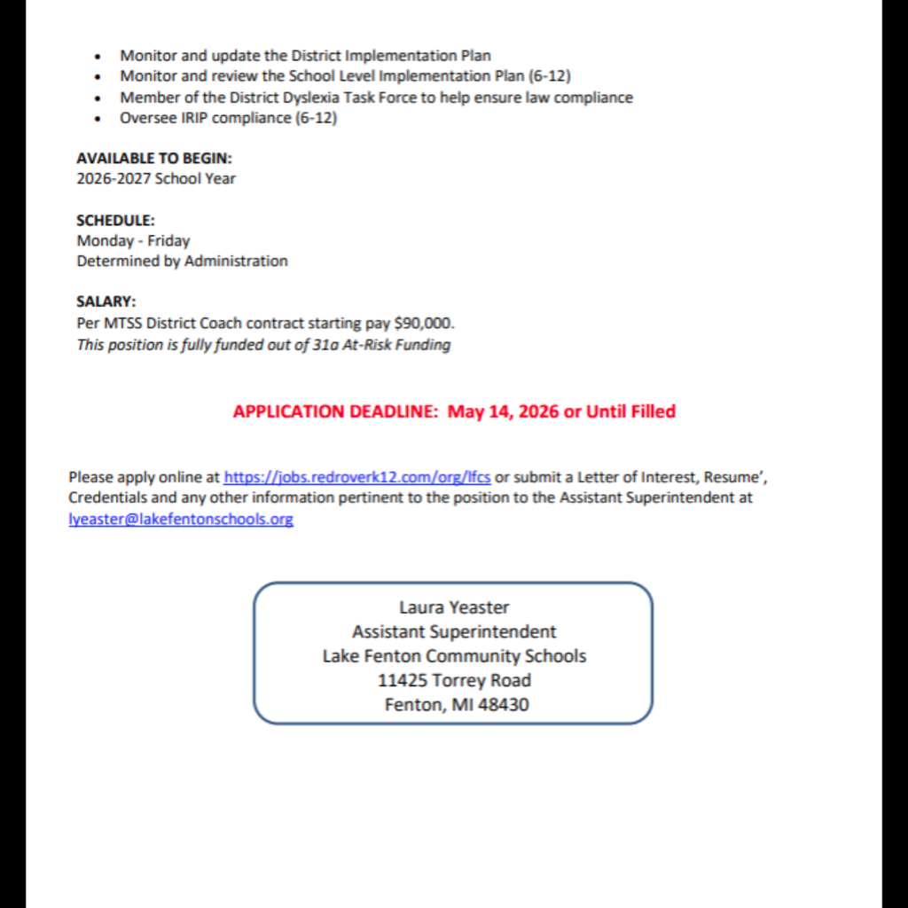 Job posting for a District MTSS Coach for grades 6-12 at Lake Fenton- page 2