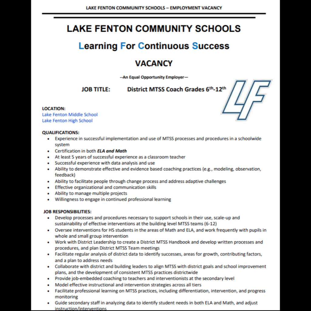 Job posting for a District MTSS Coach for grades 6-12 at Lake Fenton- page 1