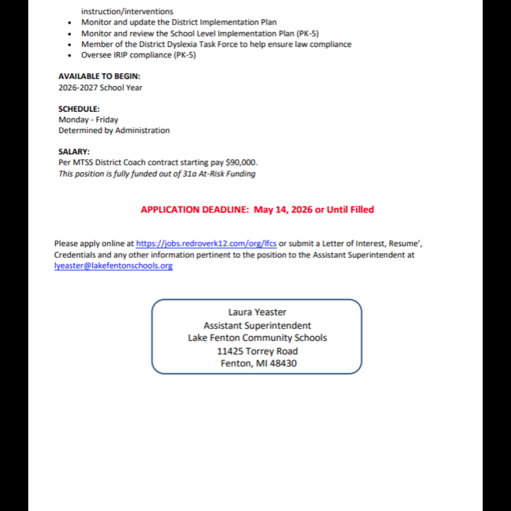 Job posting for a District MTSS Coach for grades PK-5 at Lake Fenton- page 2