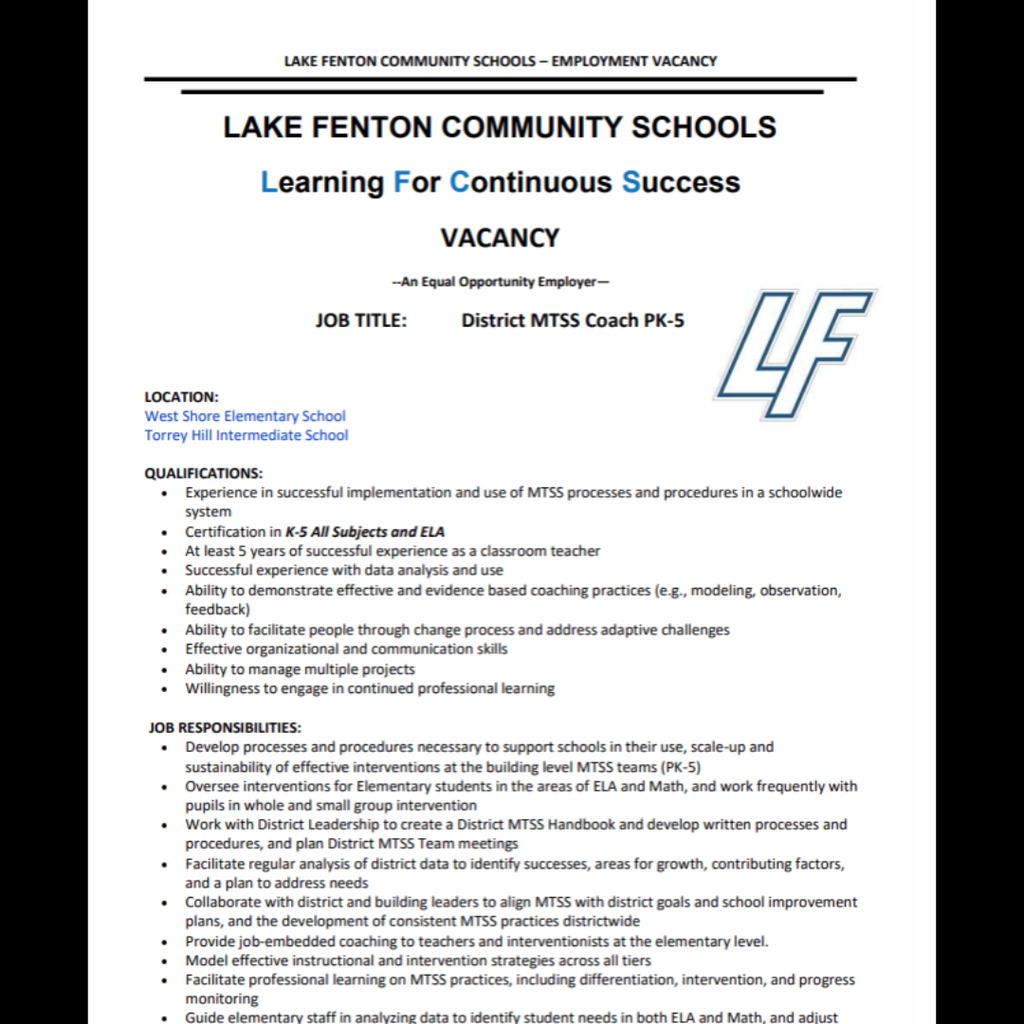 Job posting for a District MTSS Coach for grades PK-5 at Lake Fenton- page 1