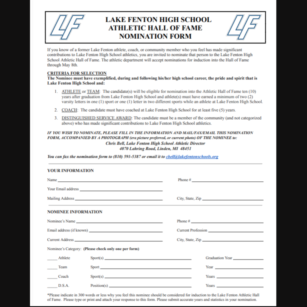 Lake Fenton High School Athletic Hall of Fame Nomination Form