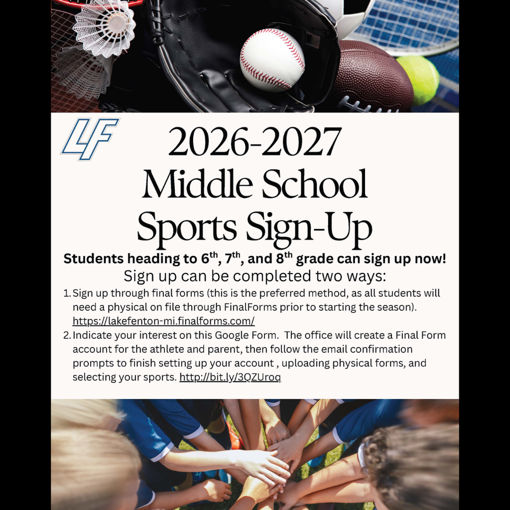 2026-2027 Middle School Sports Sign Up flyer- Lake Fenton Middle School