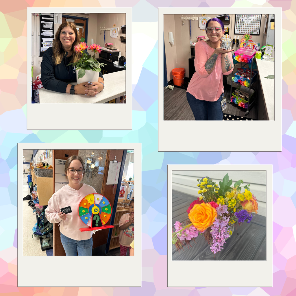 picture collage of teacher appreciation week- teachers holding gits and flowers