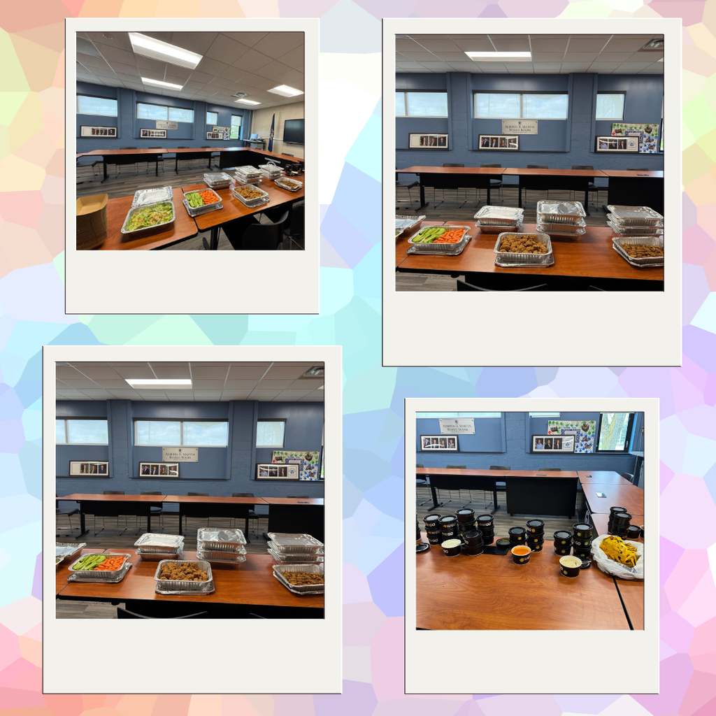 pictures of a buffet of food in a classroom