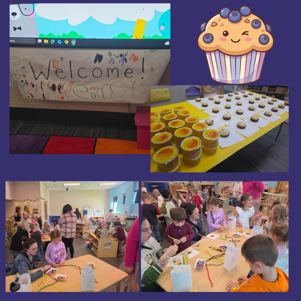 pictures of muffins, juice, a welcome sign and kids in a classroom.