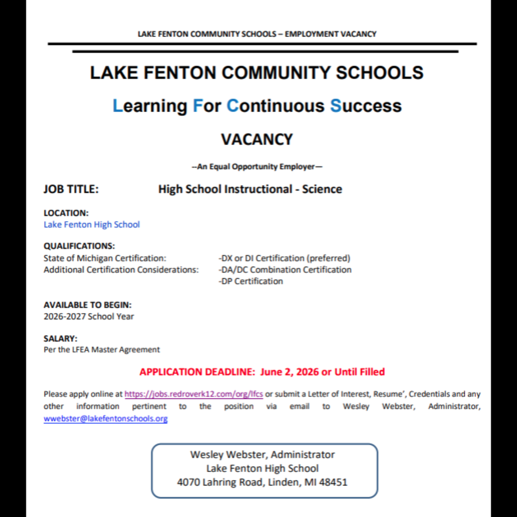 Job posting for a high school science teacher at lake fenton