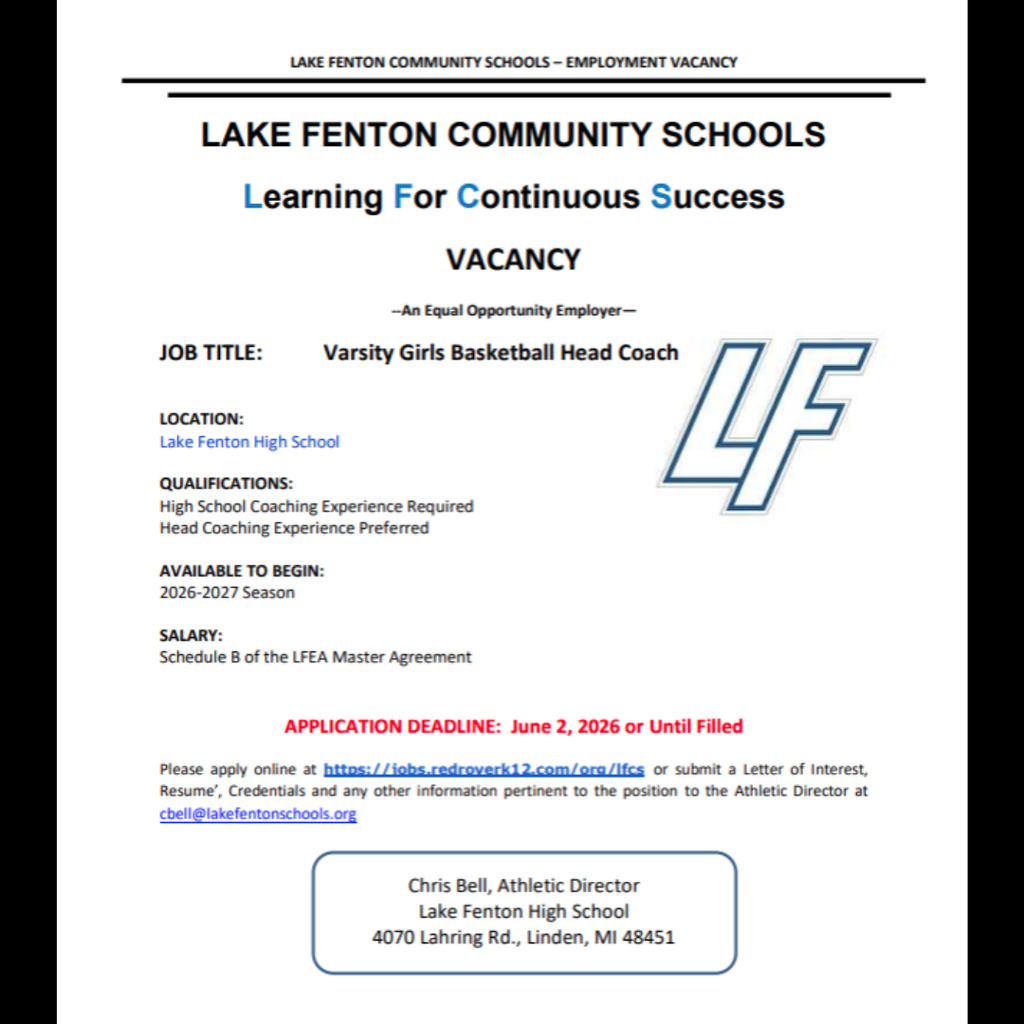 varsity girls basketball head coach job opening at lake fenton high school