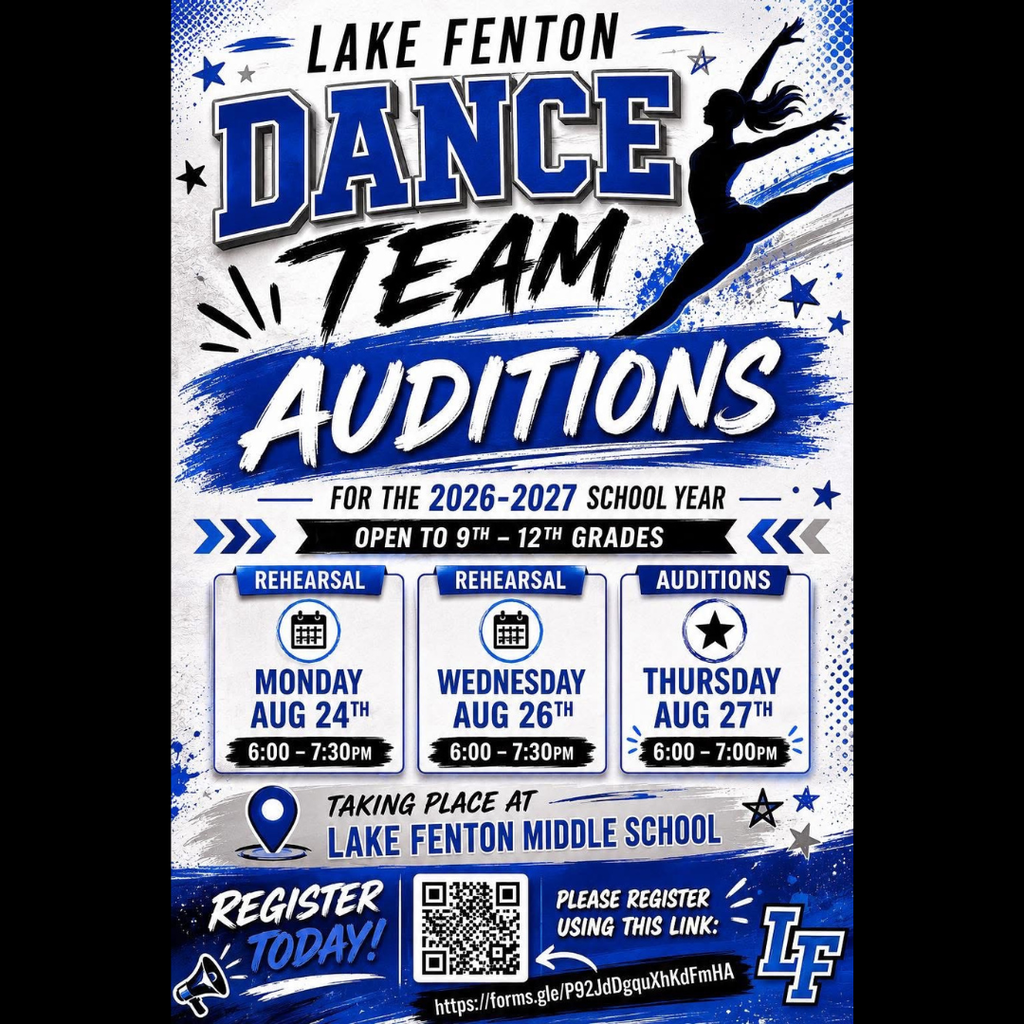 BIG NEWS, BLUE DEVILS! ✨ I am SO excited to announce the start of the Lake Fenton Pom/Dance Team! 💙🖤 Calling all dancers entering grades 9–12 — come be part of something fun, energetic, and exciting this season! Whether you love performing, dancing with friends, or showing school spirit, we want YOU! 🌟 📣 Rehearsals: 🗓 August 24 & 26 ⏰ 6:00–7:30 PM ⭐ Auditions: 🗓 August 27 ⏰ 6:00–7:00 PM Get ready to dance, perform, make memories, and help build an amazing new team!💫 ***Must have physical on file prior to tryouts Sign up using the link below AND on FINAL FORMS Contact: chelsja3@gmail.com https://forms.gle/P92JdDgquXhKdFmHA