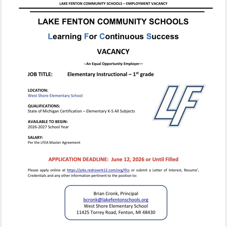 job posting for a 1st grade teacher for lake Fenton schools