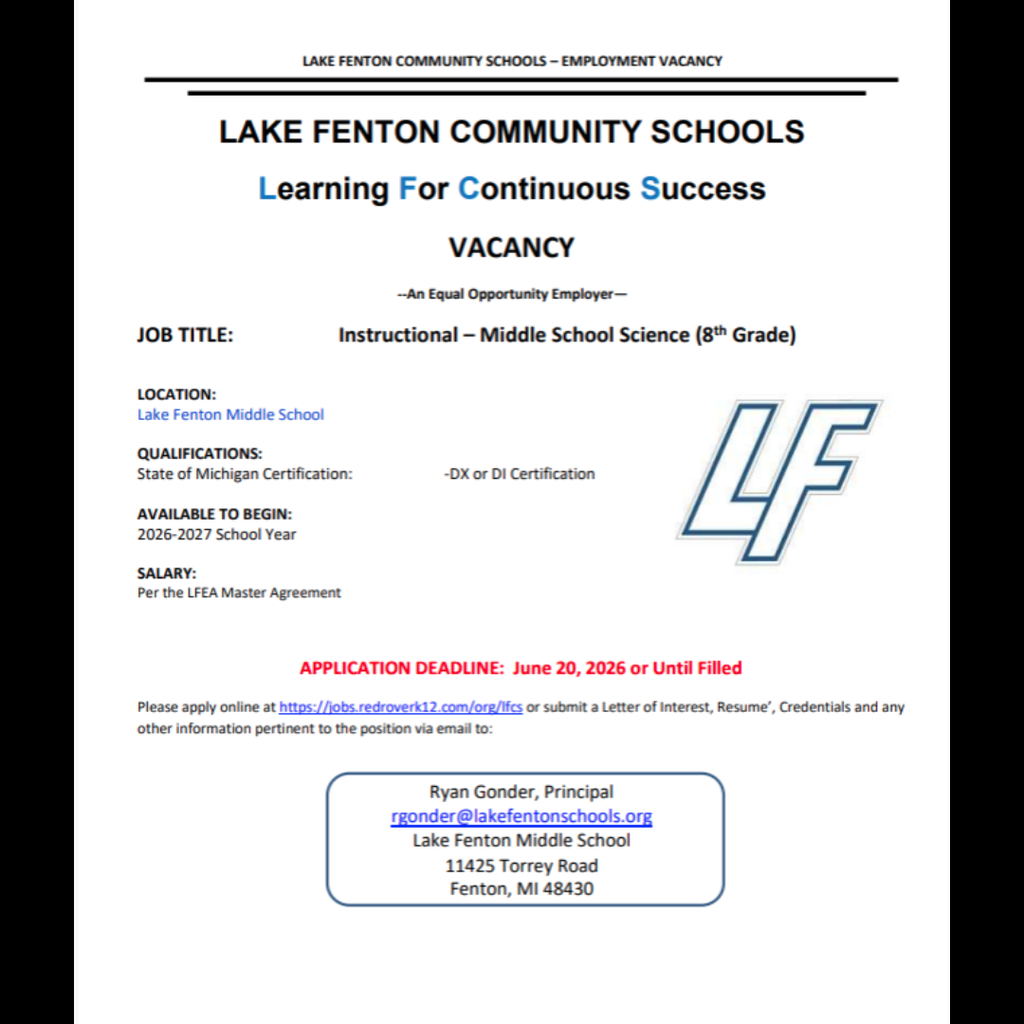 LFCS is looking for an 8th grade Science Teacher to join our Middle School team! See flyers for details and apply at: https://jobs.redroverk12.com/org/lfcs