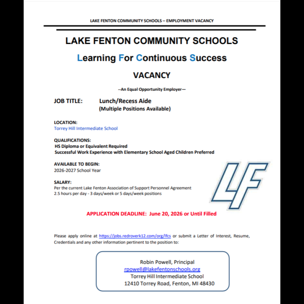 LFCS is looking for lunch/ recess aides to join our Torrey Hill team! See flyers for details and apply at: https://jobs.redroverk12.com/org/lfcs