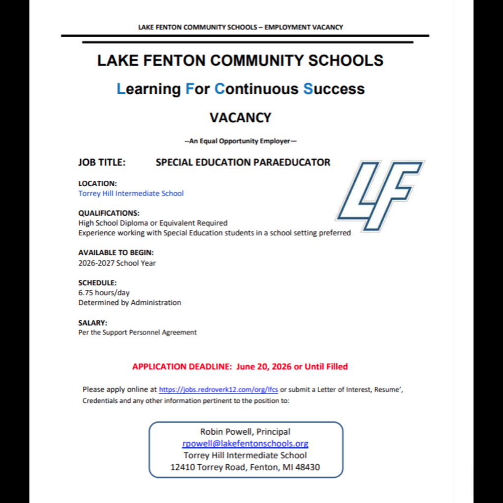 LFCS is looking for a special education paraeducator to join our Torrey Hill team! See flyers for details and apply at: https://jobs.redroverk12.com/org/lfcs