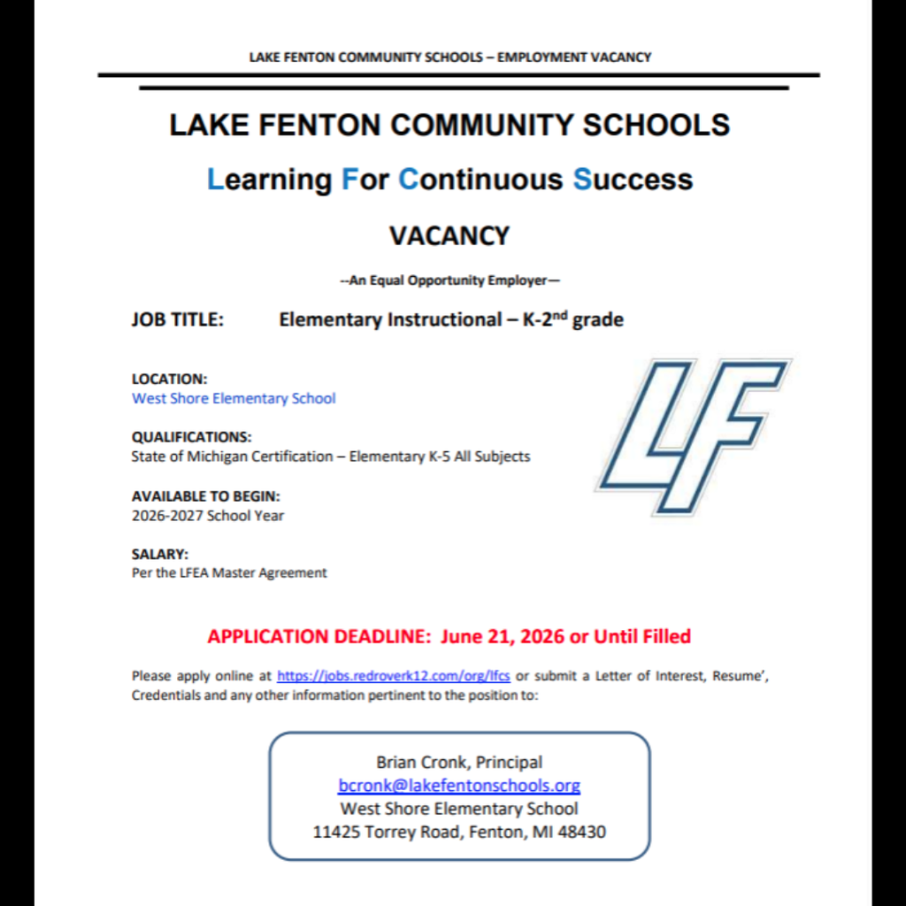 LFCS is looking for a K-2nd Grade Teacher to join our West Shore team! See flyers for details and apply at: https://jobs.redroverk12.com/org/lfcs